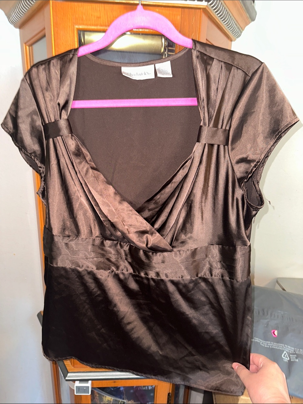 Chadwicks Satin-Look Black Cap-Sleeve Wrap Top